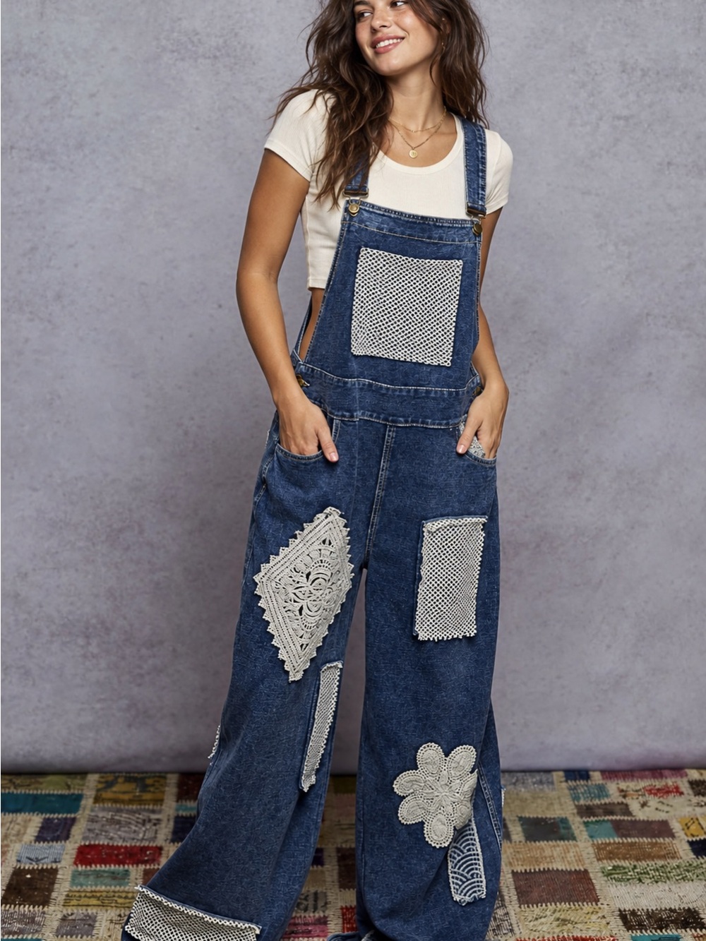Crochet Contrast Patch Details Overall NWOT